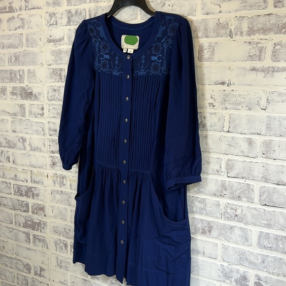 Anthropologie Sz 4 Dubois Embroidered Blue Tunic Dress Button Down Boho Cottage - Picture 4 of 10